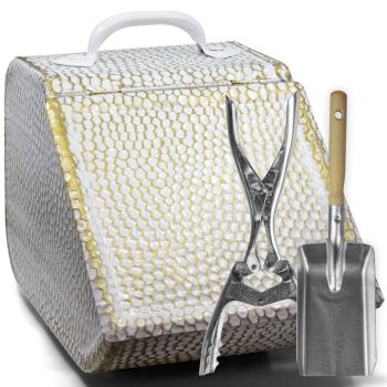 Preview: Nostalgie Kohlekasten Set weiß-gold | Zange + Schaufel mit Holzstiel Preview: Nostalgie Kohlekasten Set weiß-gold | Zange + Schaufel mit Holzstiel