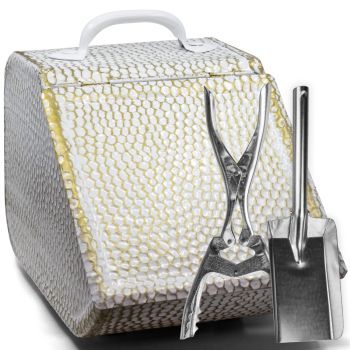 Preview: Nostalgie Kohlekasten Set weiß-gold | Zange + Schaufel blank verzinkt Preview: Nostalgie Kohlekasten Set weiß-gold | Zange + Schaufel blank verzinkt