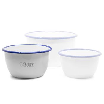 Preview: Emaille Schüssel | Ø 14cm | weiß m. blauem Rand Preview: Emaille Schüssel | Ø 14cm | weiß m. blauem Rand