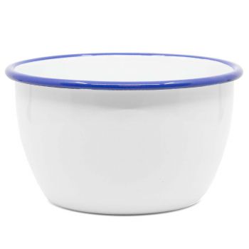 Preview: Emaille Schüssel | Ø 14cm | weiß m. blauem Rand Preview: Emaille Schüssel | Ø 14cm | weiß m. blauem Rand