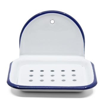 Preview: Emaille Seifenhalter weiß | blau m. Wandhalter Preview: Emaille Seifenhalter weiß | blau m. Wandhalter